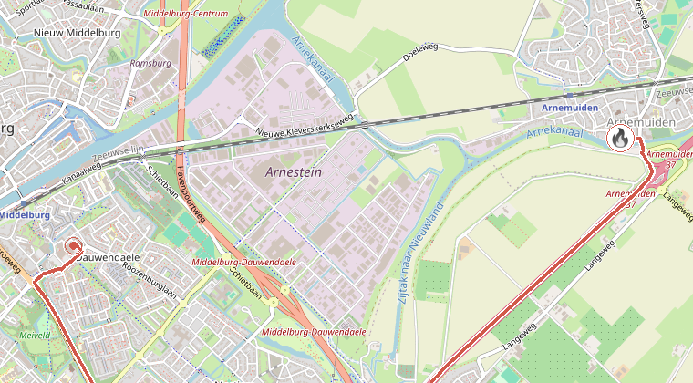 Kaart van de omgeving van de melding, met de kazerne die is gealarmeerd