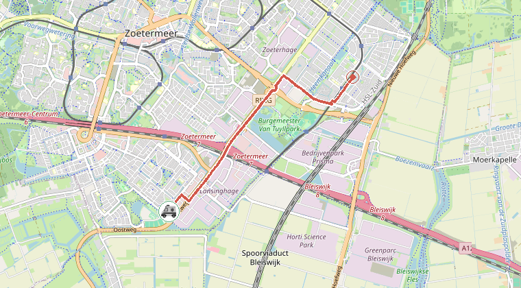 Kaart van de omgeving van de melding, met de kazerne die is gealarmeerd