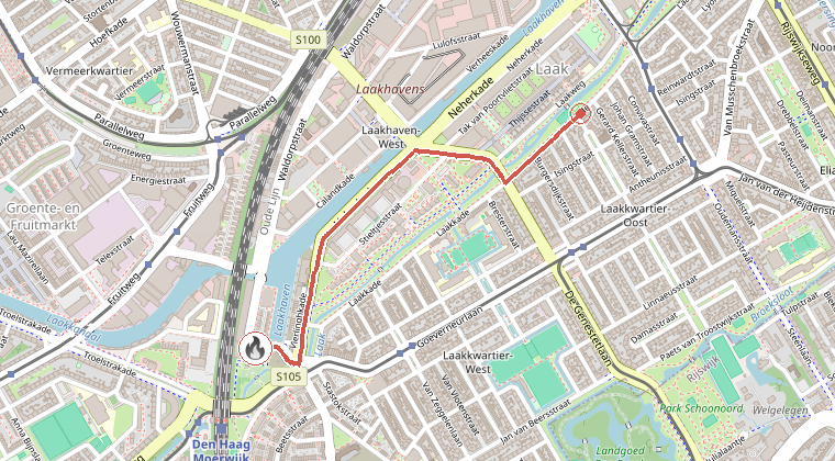 Kaart van de omgeving van de melding, met de kazerne die is gealarmeerd