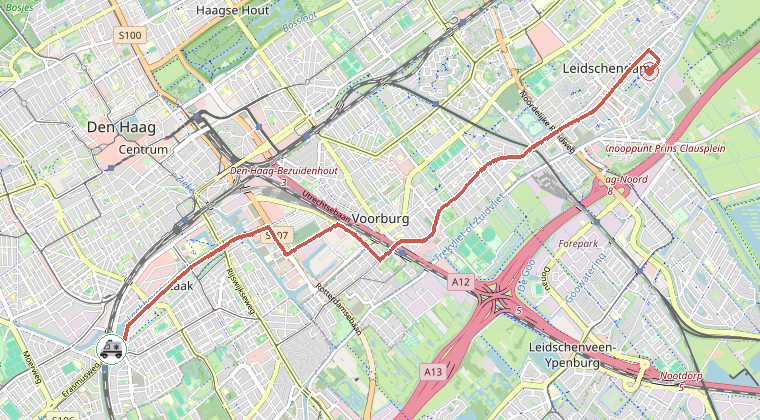 Kaart van de omgeving van de melding, met de kazerne die is gealarmeerd
