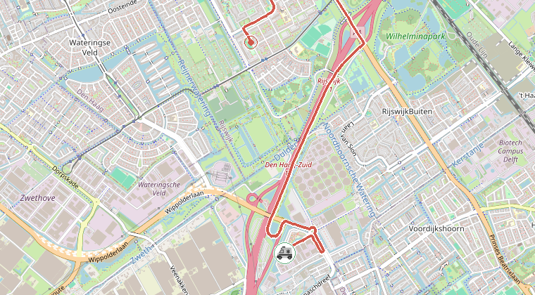 Kaart van de omgeving van de melding, met de kazerne die is gealarmeerd