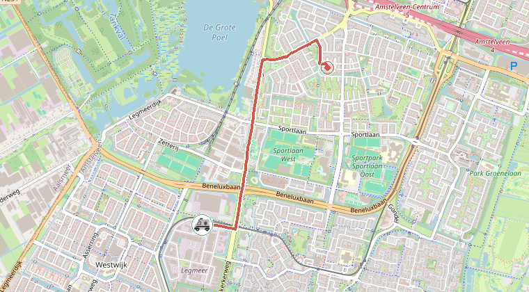 Kaart van de omgeving van de melding, met de kazerne die is gealarmeerd
