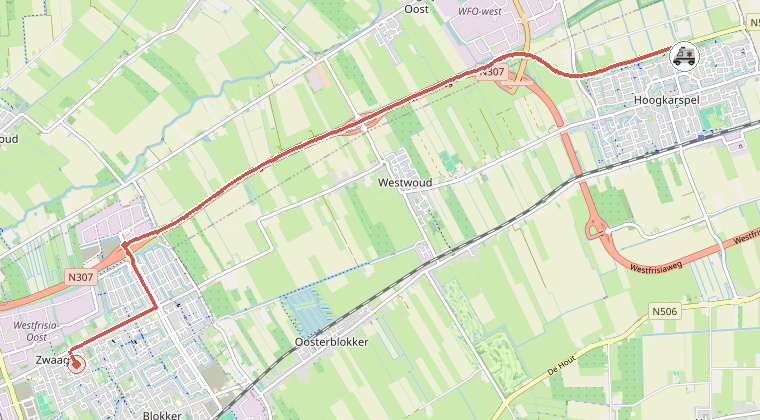 Kaart van de omgeving van de melding, met de kazerne die is gealarmeerd