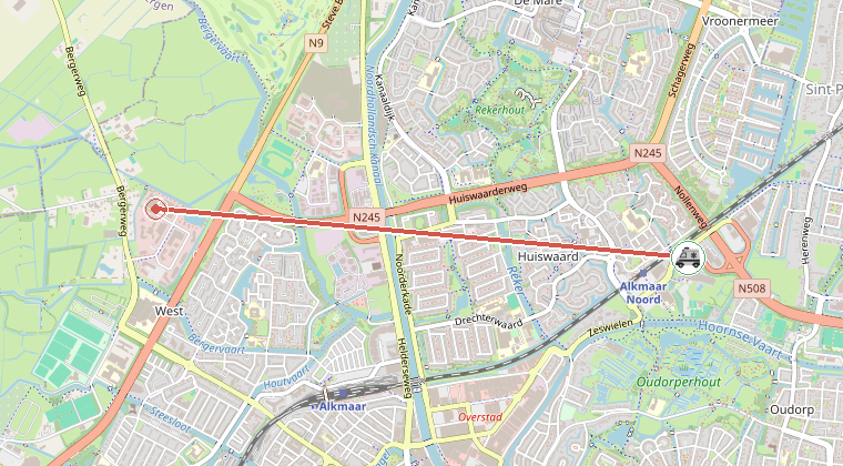 Kaart van de omgeving van de melding, met de kazerne die is gealarmeerd
