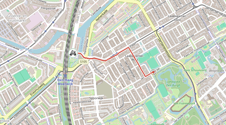 Kaart van de omgeving van de melding, met de kazerne die is gealarmeerd