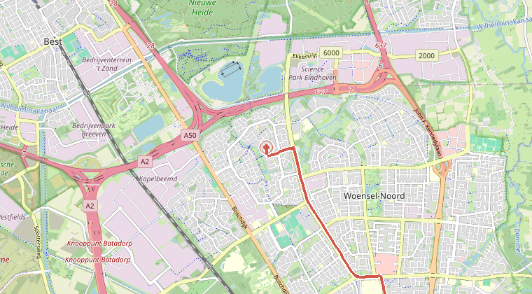 Kaart van de omgeving van de melding, met de kazerne die is gealarmeerd