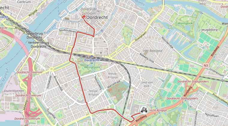 Kaart van de omgeving van de melding, met de kazerne die is gealarmeerd