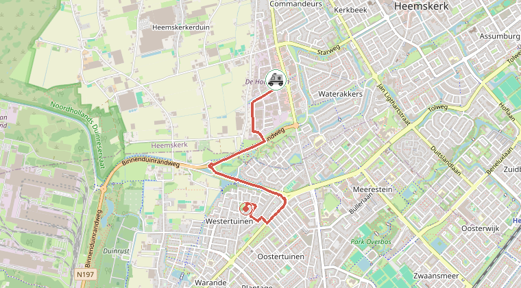 Kaart van de omgeving van de melding, met de kazerne die is gealarmeerd