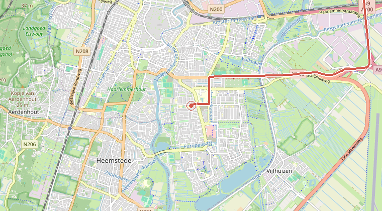 Kaart van de omgeving van de melding, met de kazerne die is gealarmeerd