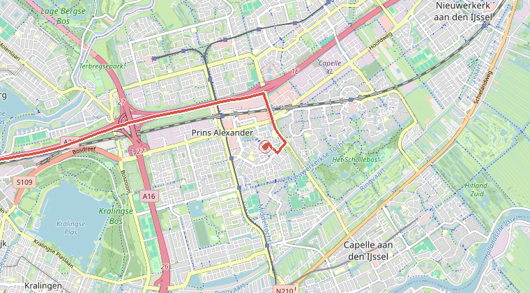 Kaart van de omgeving van de melding, met de kazerne die is gealarmeerd