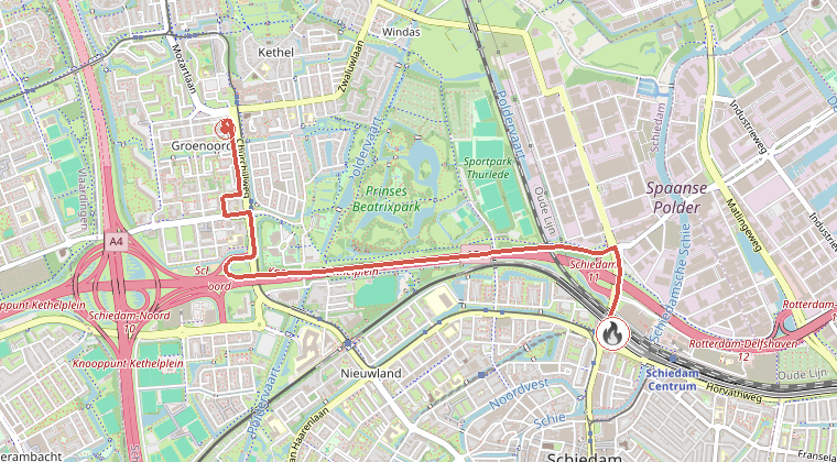 Kaart van de omgeving van de melding, met de kazerne die is gealarmeerd