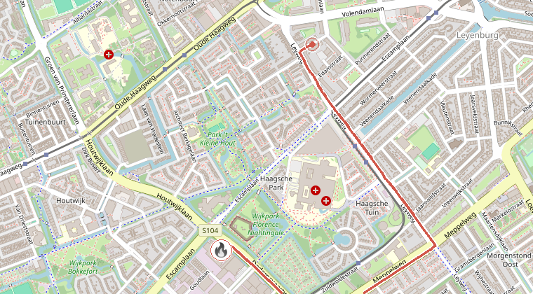 Kaart van de omgeving van de melding, met de kazerne die is gealarmeerd