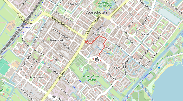Kaart van de omgeving van de melding, met de kazerne die is gealarmeerd