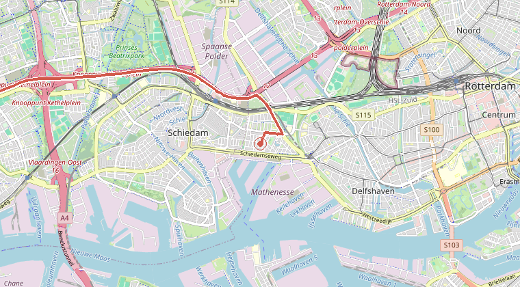 Kaart van de omgeving van de melding, met de kazerne die is gealarmeerd