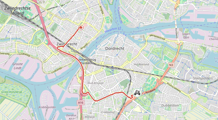 Kaart van de omgeving van de melding, met de kazerne die is gealarmeerd