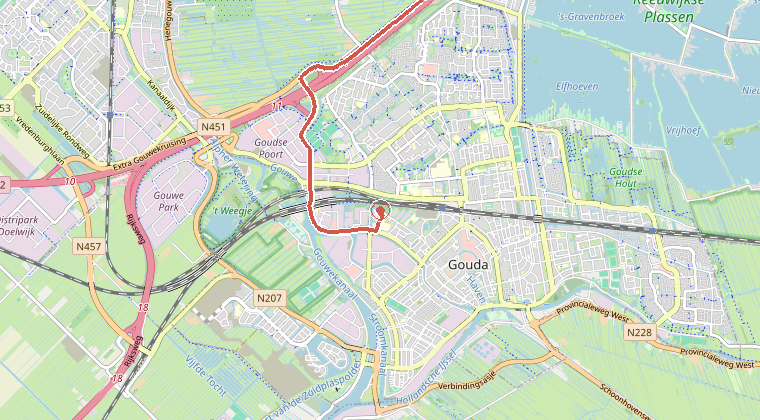 Kaart van de omgeving van de melding, met de kazerne die is gealarmeerd