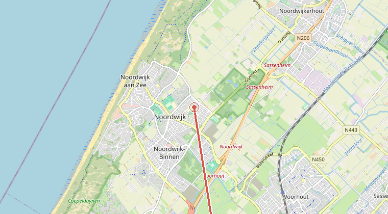 Kaart van de omgeving van de melding, met de kazerne die is gealarmeerd