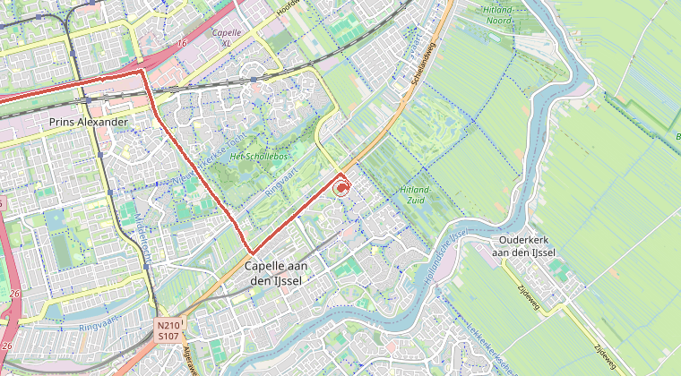 Kaart van de omgeving van de melding, met de kazerne die is gealarmeerd