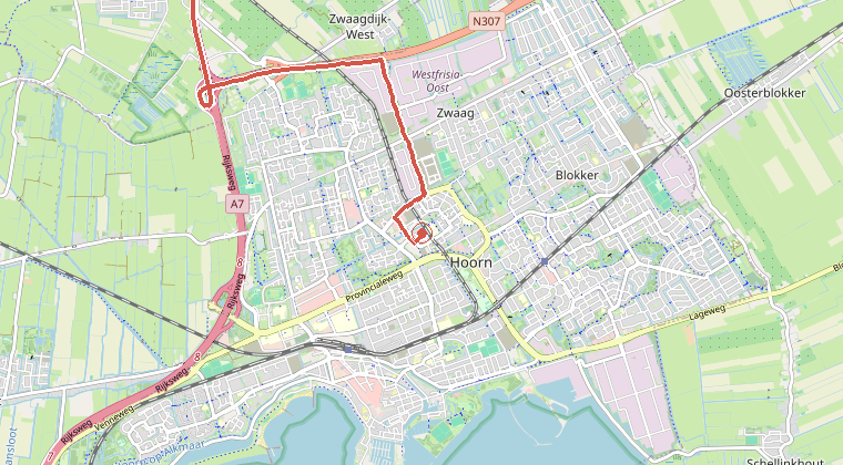 Kaart van de omgeving van de melding, met de kazerne die is gealarmeerd