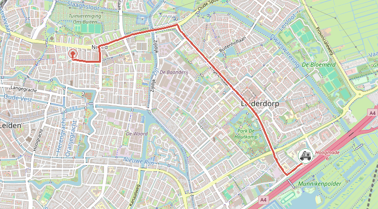 Kaart van de omgeving van de melding, met de kazerne die is gealarmeerd