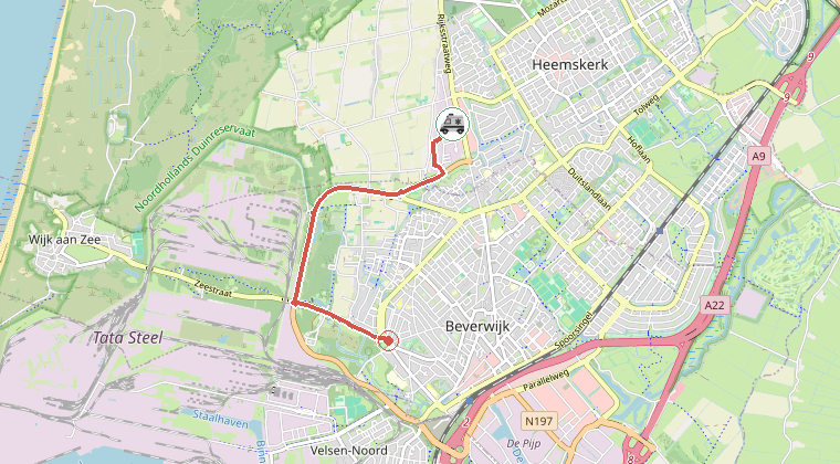Kaart van de omgeving van de melding, met de kazerne die is gealarmeerd