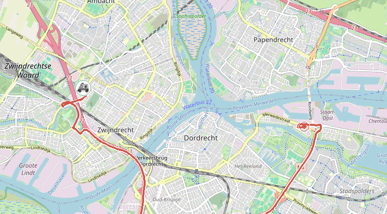 Kaart van de omgeving van de melding, met de kazerne die is gealarmeerd