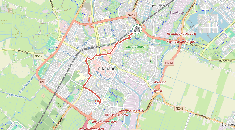 Kaart van de omgeving van de melding, met de kazerne die is gealarmeerd