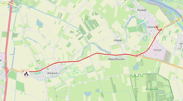 Kaart van de omgeving van de melding, met de kazerne die is gealarmeerd