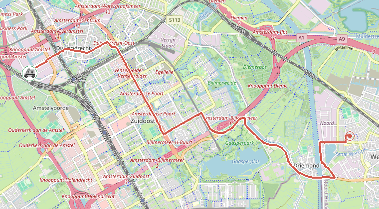 Kaart van de omgeving van de melding, met de kazerne die is gealarmeerd