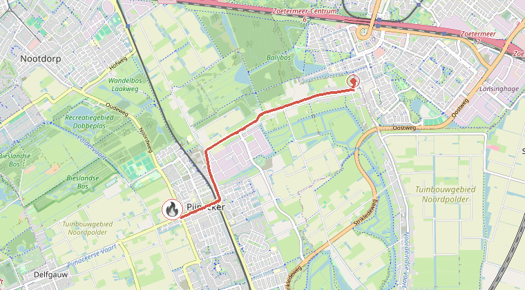 Kaart van de omgeving van de melding, met de kazerne die is gealarmeerd