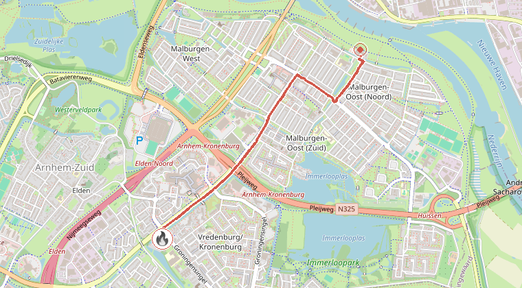 Kaart van de omgeving van de melding, met de kazerne die is gealarmeerd