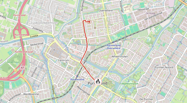 Kaart van de omgeving van de melding, met de kazerne die is gealarmeerd