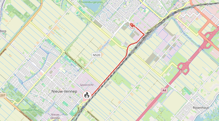 Kaart van de omgeving van de melding, met de kazerne die is gealarmeerd