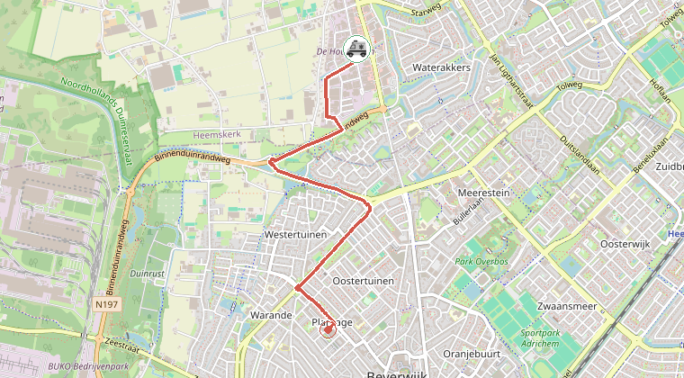 Kaart van de omgeving van de melding, met de kazerne die is gealarmeerd
