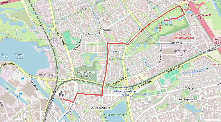 Kaart van de omgeving van de melding, met de kazerne die is gealarmeerd