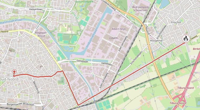 Kaart van de omgeving van de melding, met de kazerne die is gealarmeerd