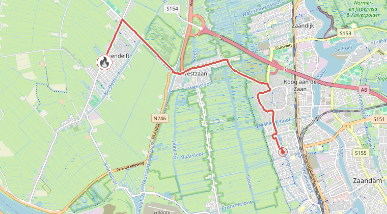 Kaart van de omgeving van de melding, met de kazerne die is gealarmeerd