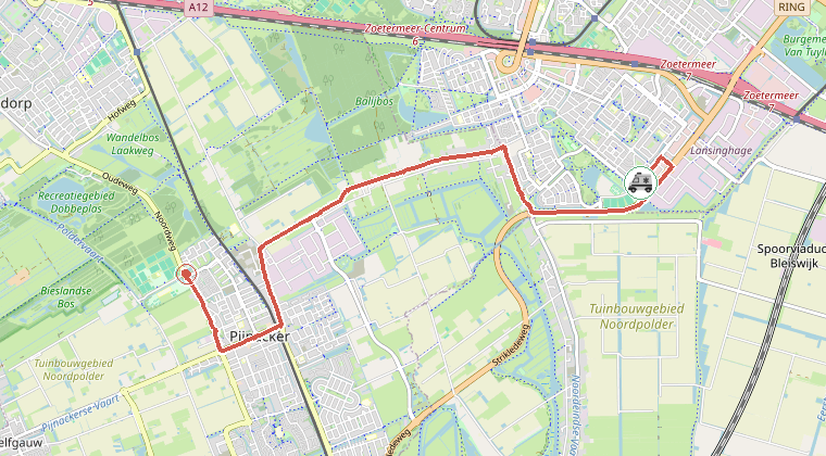 Kaart van de omgeving van de melding, met de kazerne die is gealarmeerd