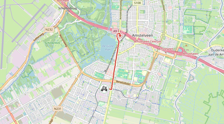 Kaart van de omgeving van de melding, met de kazerne die is gealarmeerd