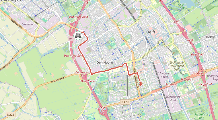 Kaart van de omgeving van de melding, met de kazerne die is gealarmeerd