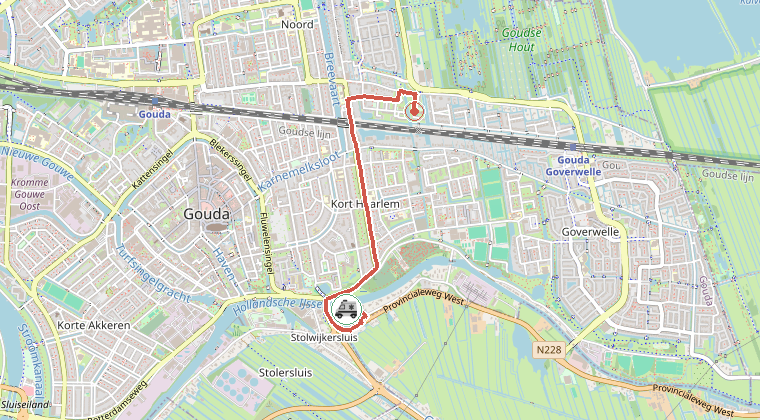 Kaart van de omgeving van de melding, met de kazerne die is gealarmeerd