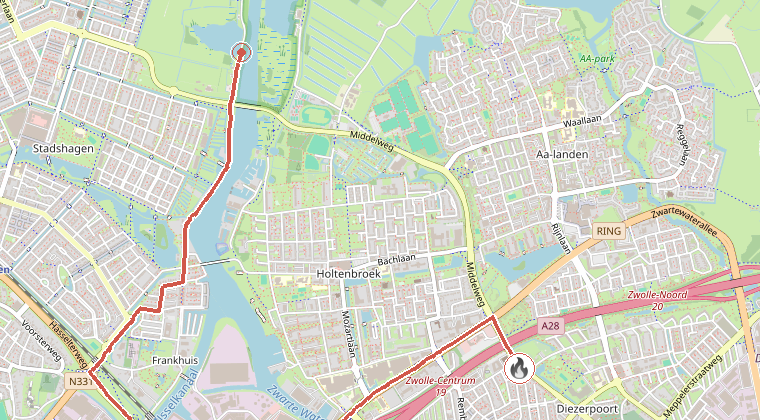 Kaart van de omgeving van de melding, met de kazerne die is gealarmeerd