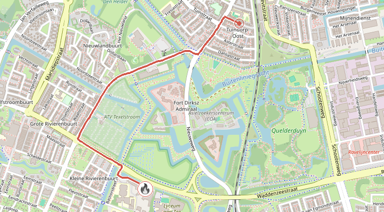 Kaart van de omgeving van de melding, met de kazerne die is gealarmeerd