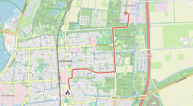 Kaart van de omgeving van de melding, met de kazerne die is gealarmeerd