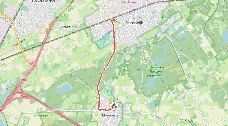 Kaart van de omgeving van de melding, met de kazerne die is gealarmeerd