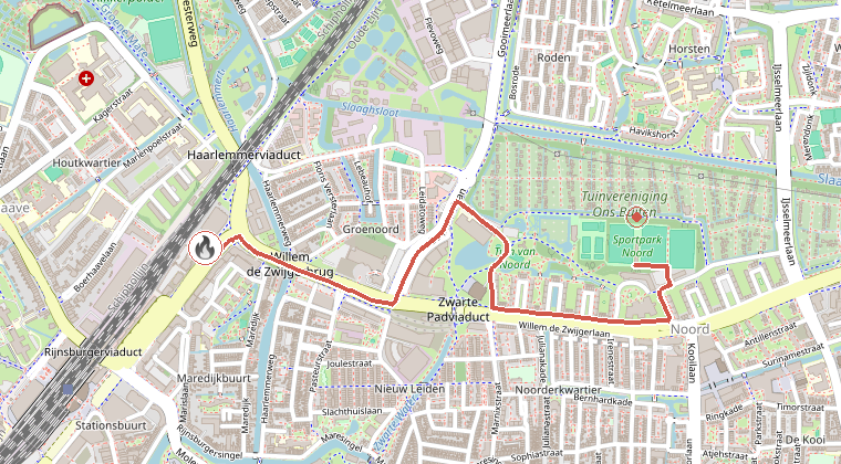 Kaart van de omgeving van de melding, met de kazerne die is gealarmeerd