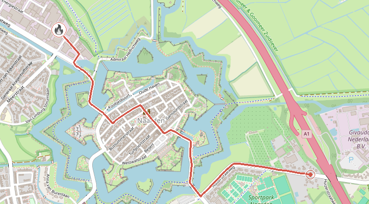 Kaart van de omgeving van de melding, met de kazerne die is gealarmeerd