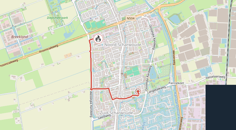 Kaart van de omgeving van de melding, met de kazerne die is gealarmeerd