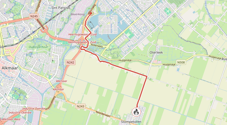 Kaart van de omgeving van de melding, met de kazerne die is gealarmeerd