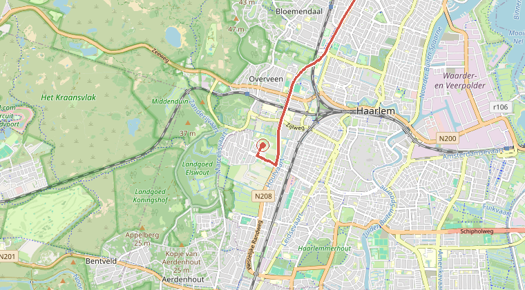 Kaart van de omgeving van de melding, met de kazerne die is gealarmeerd